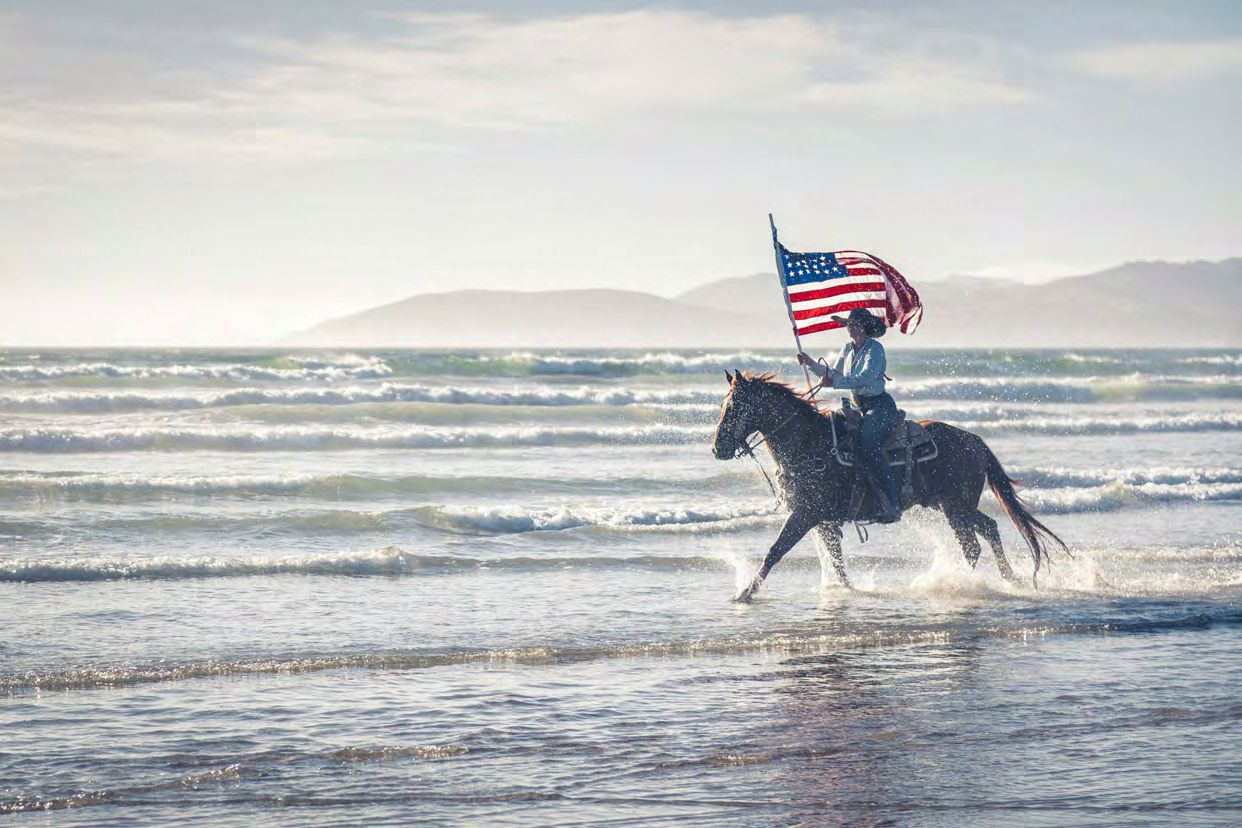 Rider with American flag on beach horse.