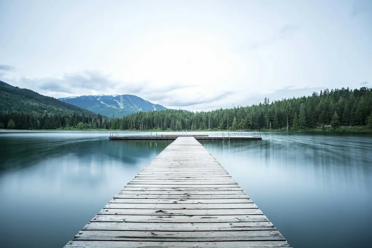 Wooden dock on a serene mountain lake